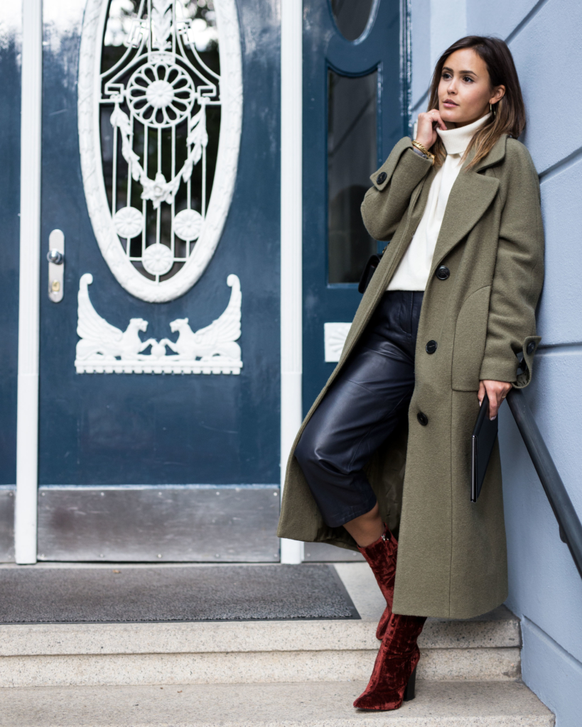 dark blue leather coulottes with a light cashmere knit, olive coat