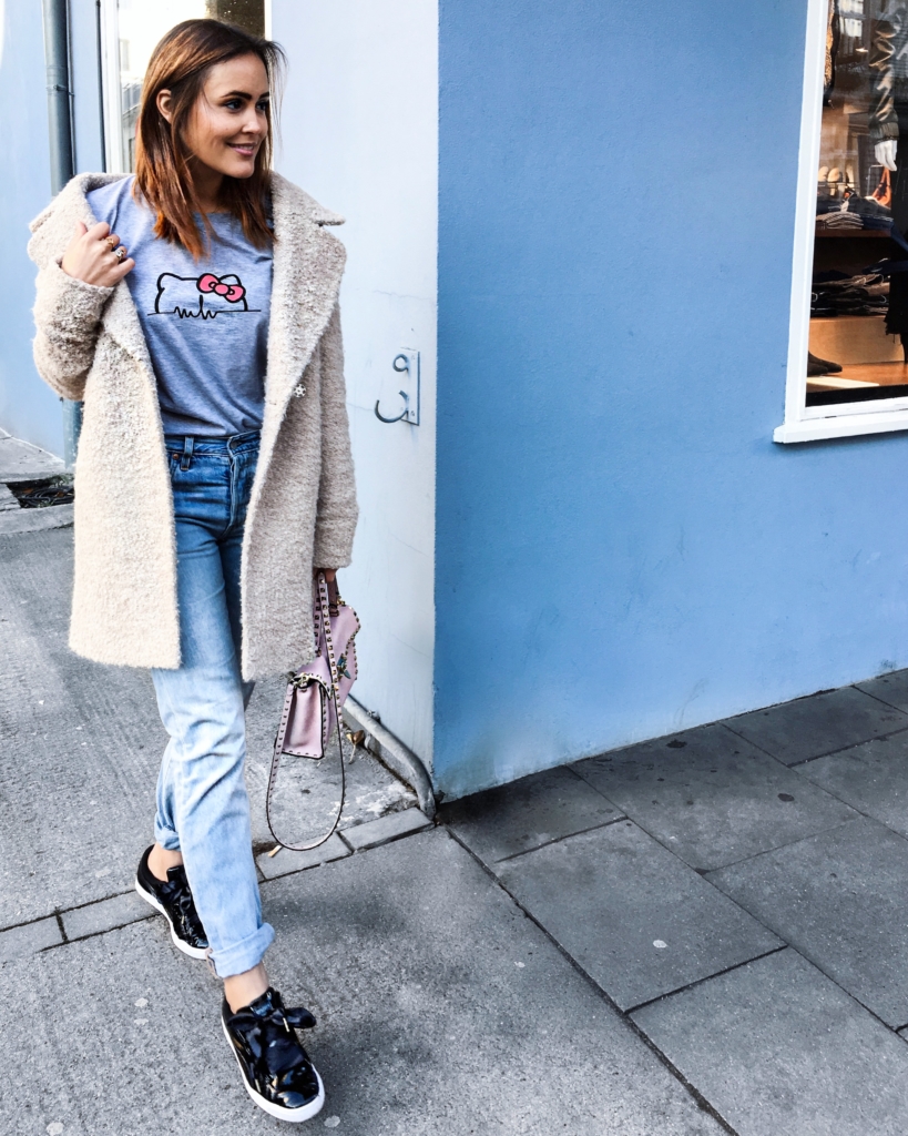 jeans, shoes, bag, coat, hello kitty shirt