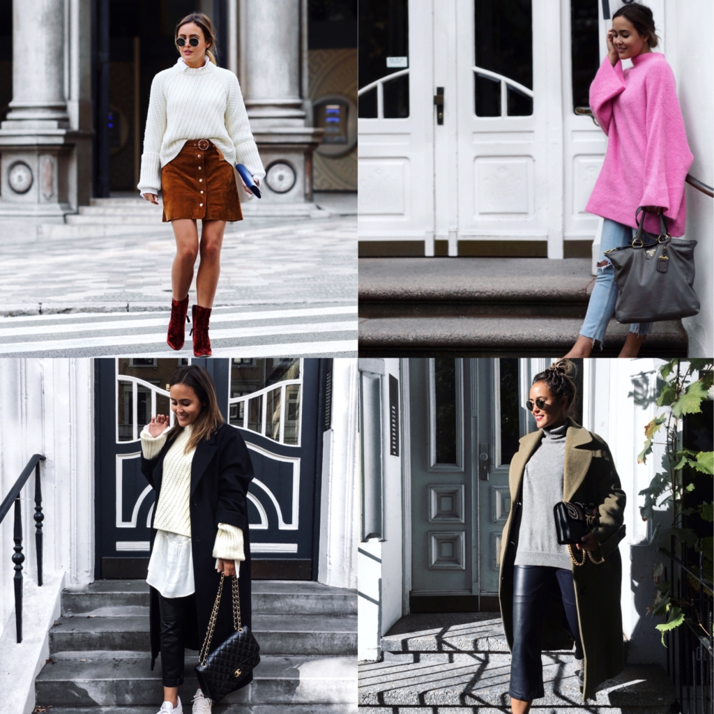 Brown Skirt, White Knit, Red Boots - Pink Knit, Jeans, Grey Bag - Black Bag, Black Coat, White Knit - Olive Coat, Black Pants, Sunglasses
