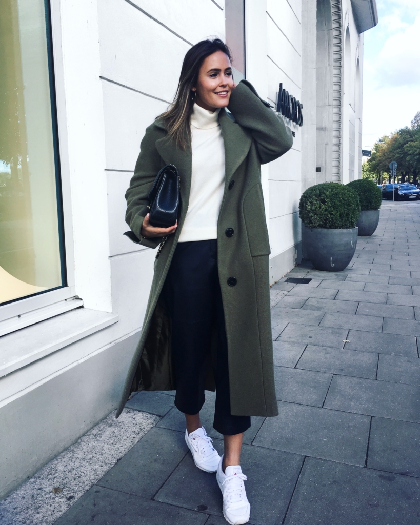 Olive Coat, White Knit, Bag, White Sneaker