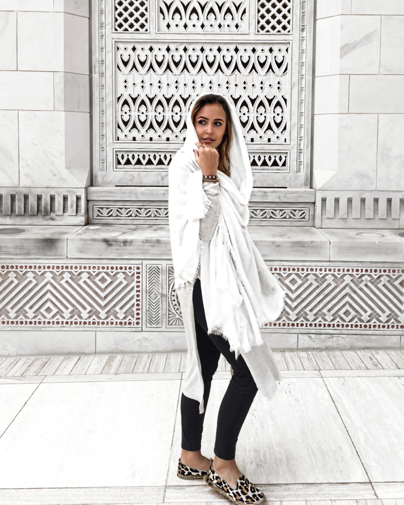 scarf on head, leggins, dress, shoes