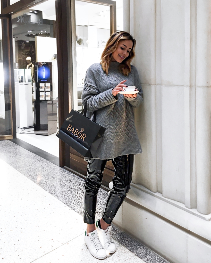 sneaker, leather pants, knit, coffee, babor