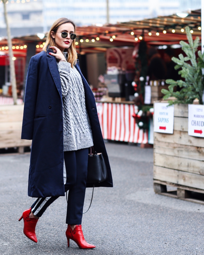 christmas market - sunglasses, coat, knit, red boots, bag