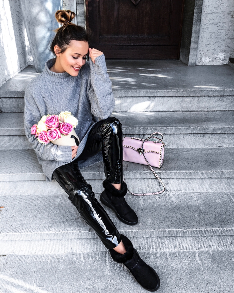 roses, knit, leather, boots, bag