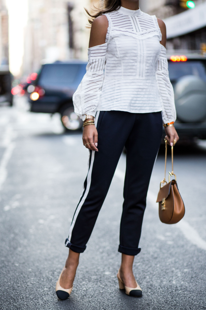 Shoes: Chanel, Bag: Chloé, Pants: Sandro, Blouse: Bardot